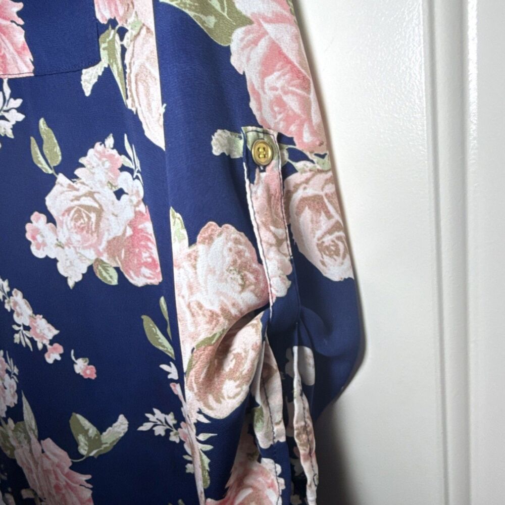 rue21 Navy Floral V-Neck Roll-Tab 3/4 Sleeve Tunic Blouse Polyester Size L - Picture 4 of 8